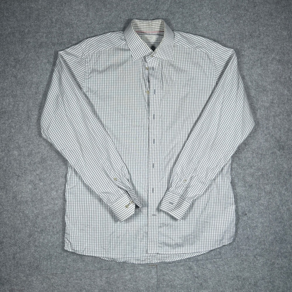 Eton button down shirt Mens 17.5 Large Grey Check Cotton dress Luxury